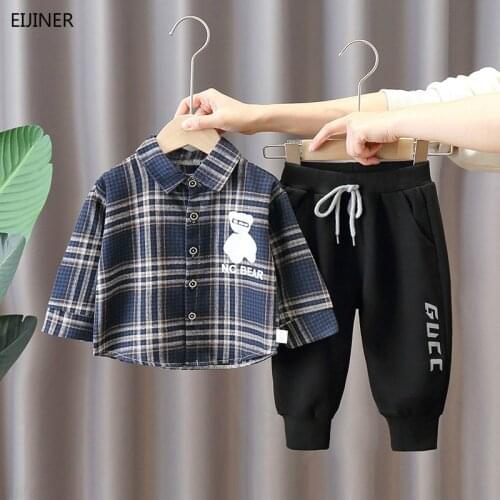 Plaid Children Clothes Set Spring Lapel Shirt Long-sleeved Boys Single-breasted shirt+Pant Autumn Kids Boys Clothing Suit Set