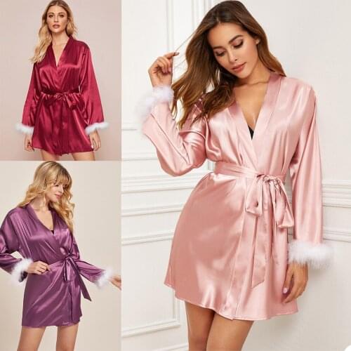 Short Women Night Robe Satin with Fur Pyjamas Custom Made Robes Dressing Gown For Femel Sleepwear