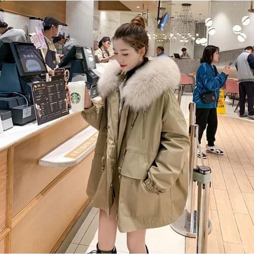 Jackets For Women 2021 Winter Thick Warm Fur Collar Hooded Parkas Fashion Loose Drawstring Tooling Style Cotton-Padded Coat