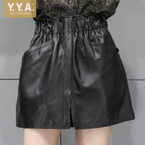 Genuine Leather Mini Skirts Women Sexy Loose Sheep Leather Harajuku Skirts Female High Quality Streetwear Elastic Waist Skirt