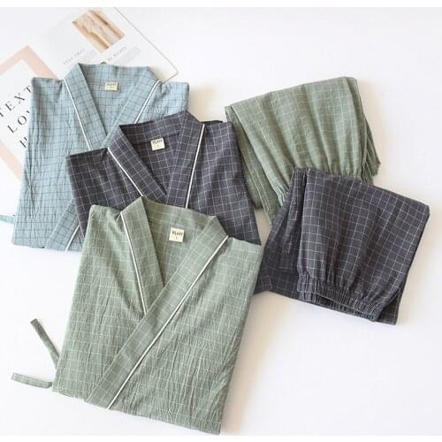 Men Traditional Japanese Pajamas Set Robe Pants Kimono Haori Yukata Soft Gown Cotton Gauze Green Plaid Print Sleepwear