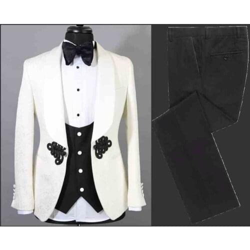Pattern Groomsmen Ivory and Black Groom Tuxedos Shawl Lapel Men Suits Wedding Best Man ( Jacket+Pants+Bow Tie+Vest ) C658