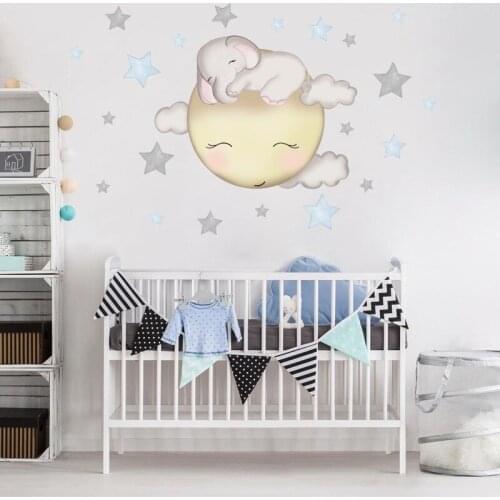 Ins Cartoon Elephant Stars Wall Stickers for Kids Room Baby Nursery Room Decoration Wall Decals Cloud Moon Stars House Stickers