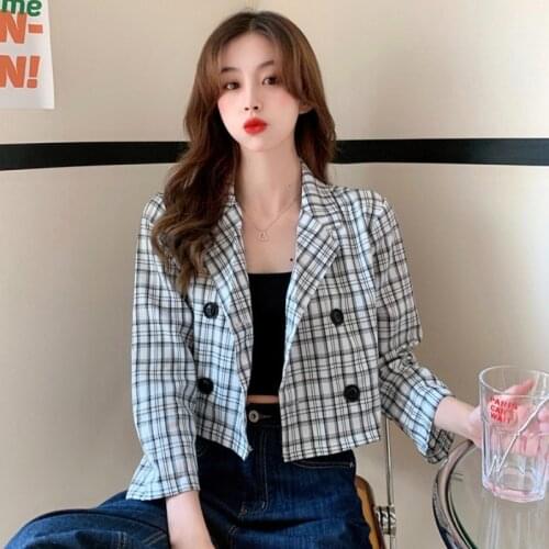 2021 New Short Temperamental Top Internet Popular Plaid Long Sleeve Suit Coat Womens Autumn Summer Thin Retro Small Suit