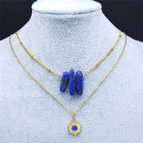 Boho Lapis Lazuli Stainless Steel Pendant Necklace for Women Gold Color Layered Necklaces Jewelry acero inoxidable NK210S04