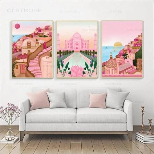 Nordic Travel Pink Cartoon City Scenery Poster Italy Positano Pisa Lisbon Moscow Landcape Canvas Painting Home Decoration