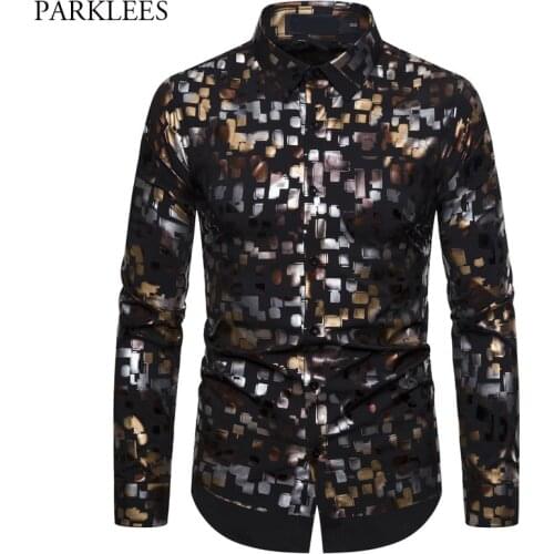 Shiny Colorful Printed Black Mens Long Sleeve Shirts Ropa De Hombre 2020 Fashion Bronzing Men Dress Shirt Camisas Para Hombre