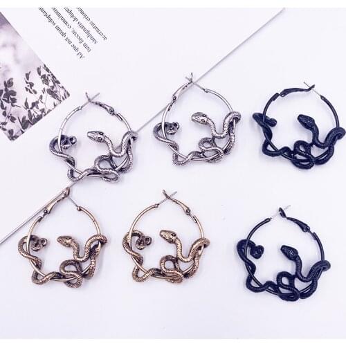 Halloween Antique Crazy Twisted Snake Earrings for Women Mujer Gold Black Alloy Twining Animal Hoop Earrings Statement Jewelry