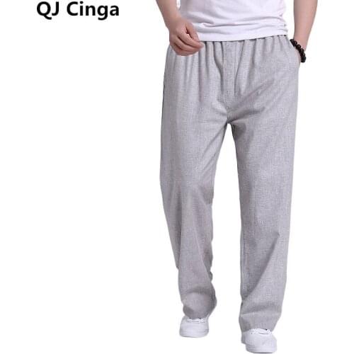 Grey Baggy Lace-up Pants for Men Solid Loose Elastic Pants Cotton Linen Sweatpants Casual Pants Trousers Size S-3XL Male Slacks