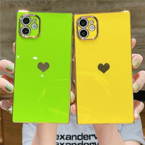 Square Electroplated Love Heart Phone Case For iPhone 11 12 Pro Max XS X XR Max 7 8 Plus Mini SE 2020 Silicone Bumper Back Cover