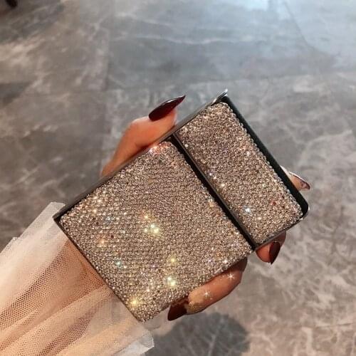 Sparkling Ciggarettes Case with Rhinestone Metal Leather Anti-pressure Portable Smoke Accesoires Cigerette Storage Box for Women