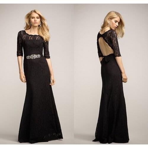 Sexy backless black lace Long evening dress 2015 new Custom made high quality handmade exqusite elegant sleeves crystal belt