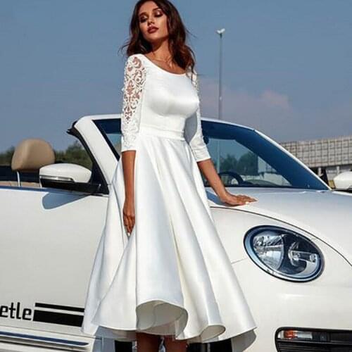 Modern Simple White A Line Short Bridal Wedding Gowns Mid-Calf Length Lace 3/4 Sleeves Wedding Dresses for Bride Back Out 2021