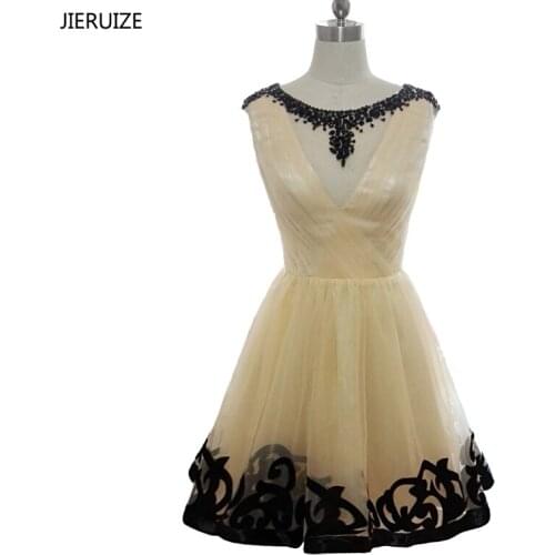 JIERUIZE Champagne Tulle Black Beaded Short Prom Dresses A-line Short Cocktail Party Dresses