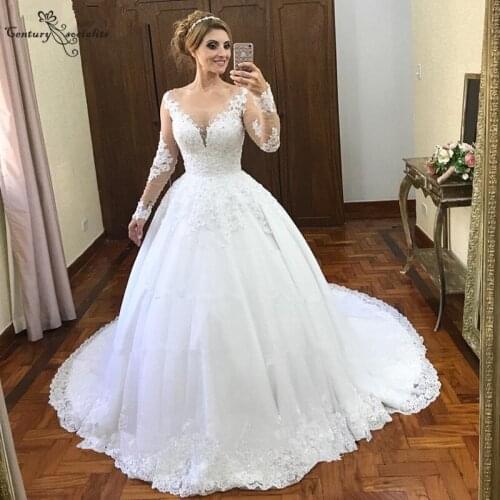 Vestido De Noiva Lace Wedding Dresses in Dubai 2020 Long Sleeve Appliques Beaded Plus Size Ball Bridal Gowns Robe De Mariee