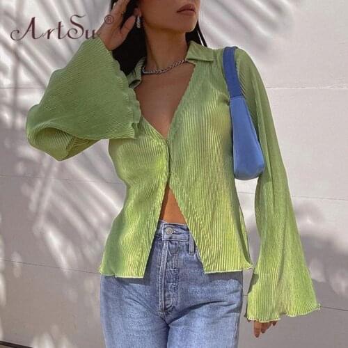 ArtSu 2021 Fashion Green Deep V-Neck Blouse Flare Sleeve Sexy Women Shirt Elegant Spring Autumn Top Female Blusas Streetwear