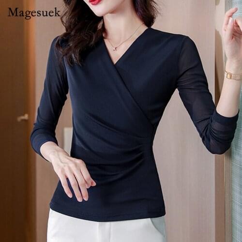Office Lady 2021 Autumn New V-neck T-shirt Solid Mesh Long Sleeve Tops Shirt Elegant Casual Slim Blouse Female Blusas 16716