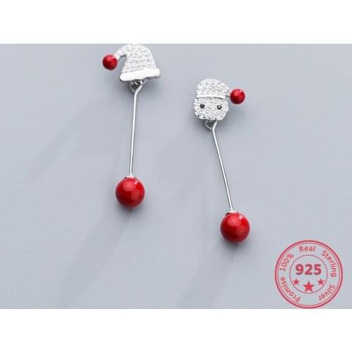 Fashion 925 Sterling Silver Jewelry Santa Claus & Christmas Hat Red Pearl Asymmetry Womens Earrings Christmas Gift