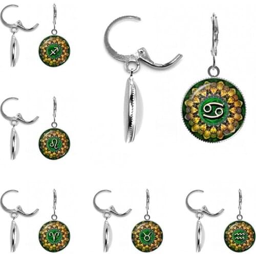 Charm Mandala 12 Constellation Earrings Simple Glass Dome Jewelry Zodiac Sign Ear Stud Earring for Women Girls Birthday Gift