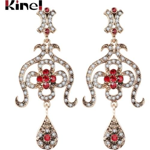 Kinel Hot Indian Jewelry Red Crystal Drop Earrings For Women Antique Gold Color Geometry Vintage Wedding Earring Party Gifts