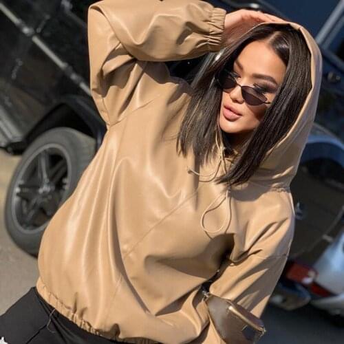 Women Sweatshirts PU Leather Hoodie Sweatshirt Hooded Pullover Tops Blouse Fashion Clothes