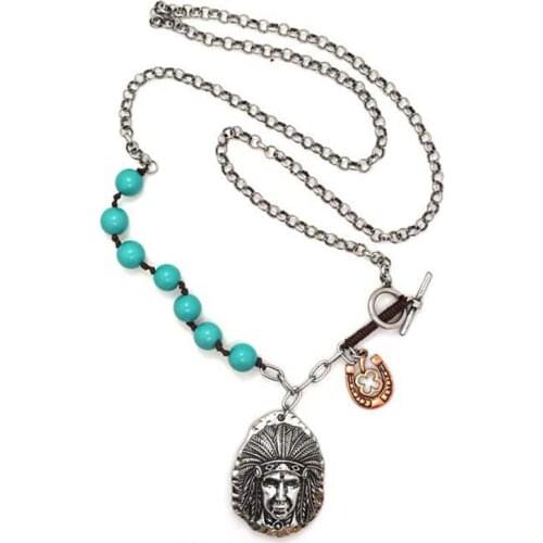 2020 Fashion Vintage Blue Acrylic Beaded Indian Chief Head Pendant Necklaces For Women Long Chain Statement Necklace Party Gift
