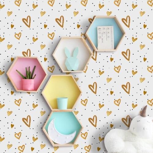Golden Love Heart Cartoon Furniture Decal Wallpaper Living Room Adhesive Wall Paper Waterproof Wall Sticker for Children Room