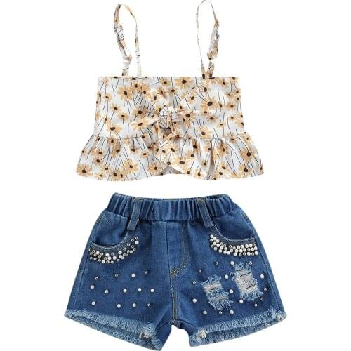 2021 2-7Y Fashion Kids Baby Girl Clothing Set Floral Print Sleeveless Ruffle Crop Top+Pearls Holes Denim Shorts Summer 2pcs Set