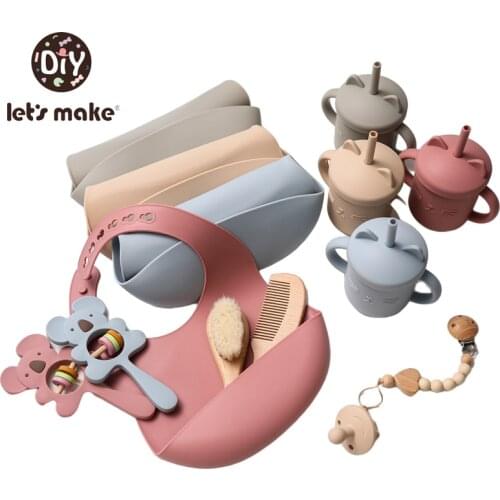 4pcs Baby Silicone Tableware Set Waterproof Silicone Bib Cat Shape Feeding Cups Infant Brush Rattlele Toy Silicone Dish Gift Set
