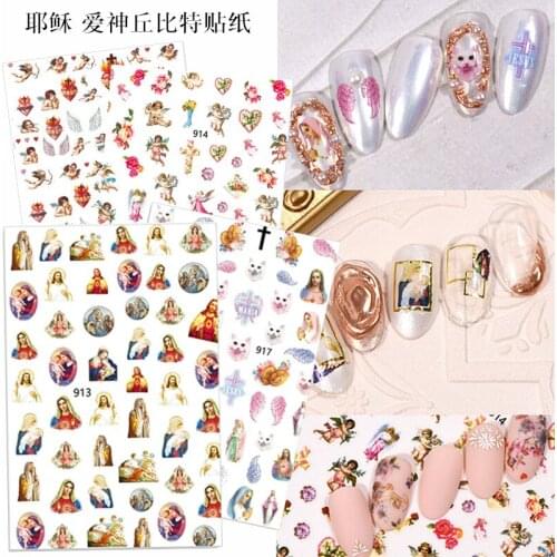 5pcs Japanese nail stickers Virgin Mary of Jesus manicure 3D Decal decoration phototherapy flower