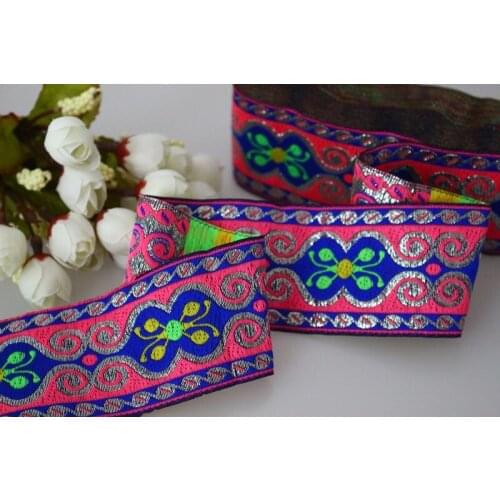 8yards/lots Woven Jacquard Ribbon 5cm pink background blue flowers pattern LS-3655