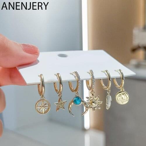 ANENJERY 6 pieces/set 925 Sterling Silver Moon Sun Star Leaf Hoop Earrings Set Micro Zircon All-match Earrings for Women