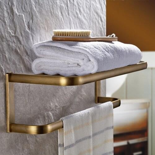 Antique Brass Square Bathroom Wall Mounted Towel Rail Holder Shelf Storage Rack Double Towel Rails Bar KD900
