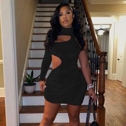 Velvet Hollow Out Sexy Bodycon Dress Women Fall Turtleneck One Shoulder Party Dress for Women Clubwear Black Mini Dress Vestidos