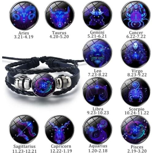 Punk Hip-Hop Simple Luminous Twelve Constellation Multilayer Leather Bracelet Men Women Classic Fortune Jewelry Wristband Gift