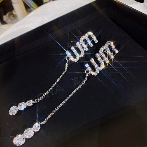Exknl Long Letter Big Earrings Women Wedding Alphabet Silver Color Crystal Tassel Drop Earrings Fashion Accessories Jewelry 2021