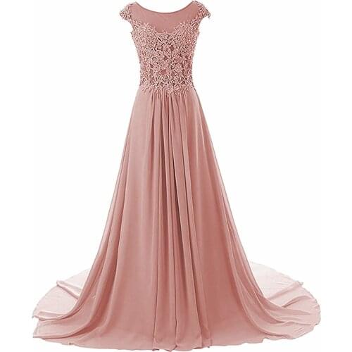 Prom Dresses Long Evening Gowns Lace Bridesmaid Dress Chiffon Formal Dress Cap Sleeve Gown
