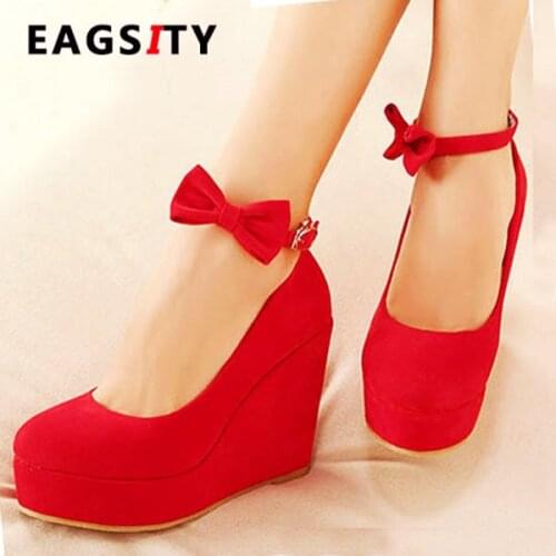 EAGSITY Red pumps Mary Jane shoes for women platform round toe ankle strap ladies dress Party wedding shoes japan style