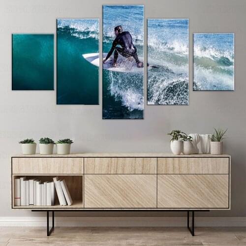 Hd Printed Modern 5 Pieces Artwork Surfing Sport Sea Wave Landscape Modular Poster Canvas For Living Room Home Decor Framework