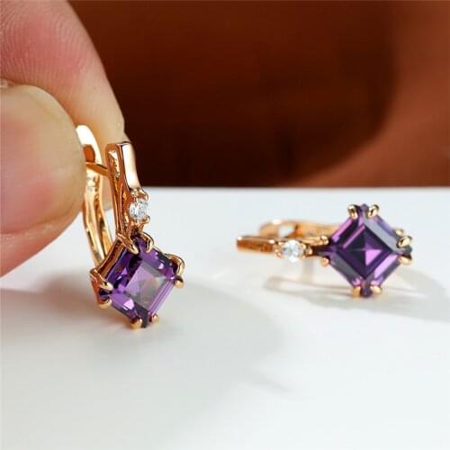 Dainty Female Purple White Zircon Earrings Cute Gold Color Small Clip Earrings For Women Luxury Crystal Square Wedding Earrings