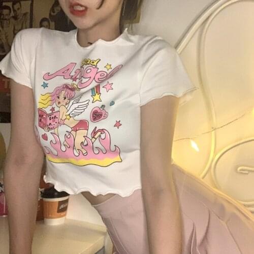 Summer short loose casual large size kawaii Harajuku short sleeve ins Ulzzang cute women T-shirt y2k cartoon angel print tees