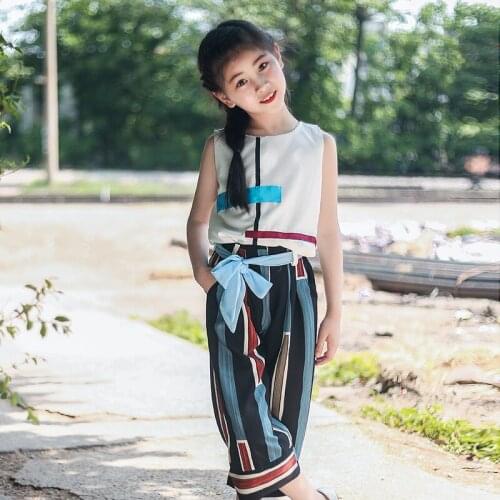 Girls Summer 2018 New Arrival Western Style Two Piece sets Chiffon Leisure Childrens Sleeveless clothes size 110-140 150 160
