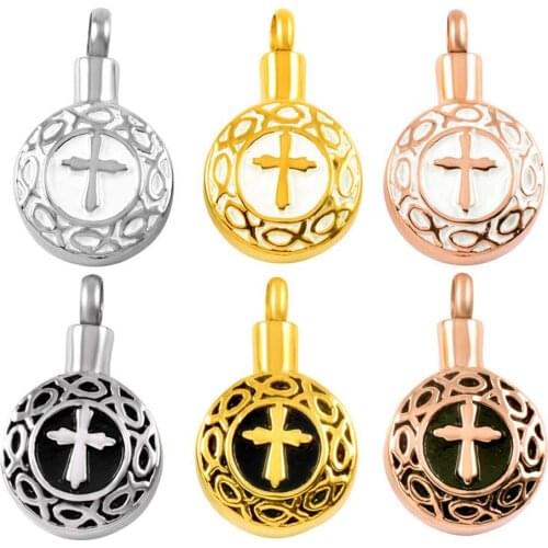 MJD9177 Round with Cross Urn Necklace Cremation Jewelry for Ashes Holder Rememberance Locket Vial