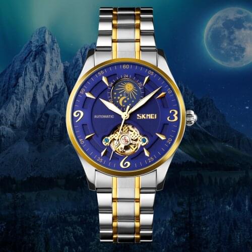 Luxury Mens Automatic Watch Stainless Steel Skeleton Hollow Mechanical Wristwatch Original Brand SKMEI Moon Phase Display Clock