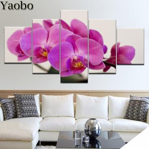 5 Panels Full Square round Diamond Cross Stitch kits 5D DIY Diamond Painting Orchid Flower Embroidery diamond Mosaic Home Decor
