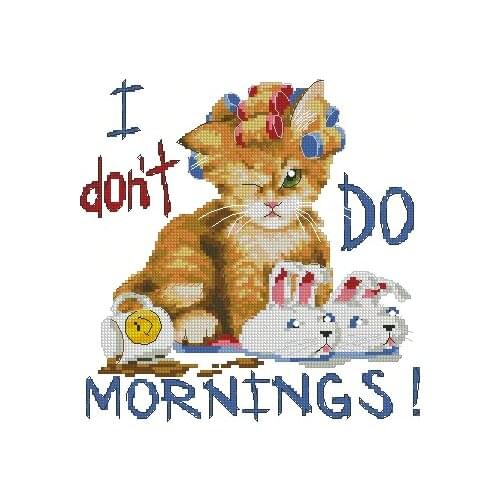 Top Quality Cute Lovely Counted Cross Stitch Kit I don't Do Mornings Fashion Cat Kitty Fancy Curly Fur