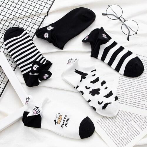 5 Pairs Womens Socks Ins Tide Short Black White Embroidered Summer Spring Thin Sweet Stripes Cartoon Milk Cow Cute Boat Socks