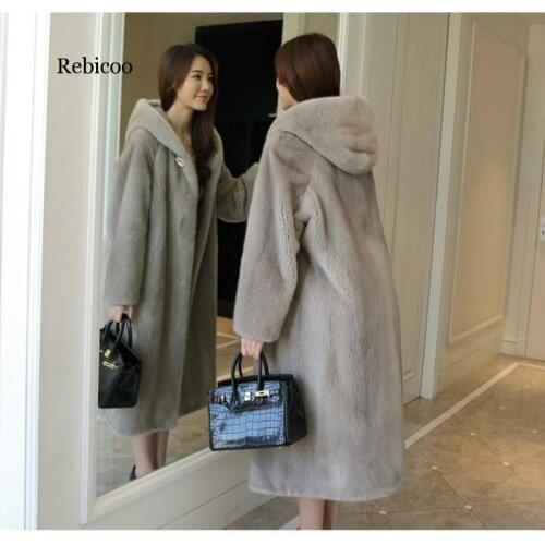 New winter mink coat female slim mink hooded coat imitation mink fashion dark button fur womens mid-length fur thick warm coat