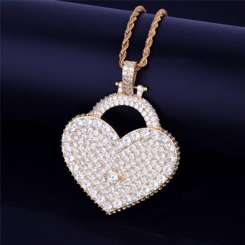 New Cubic Zirconia Heart Lock Pendant Necklace Fashion Bling Iced Out Charm Couple Necklace Hip Hop Jewelry For Men Women