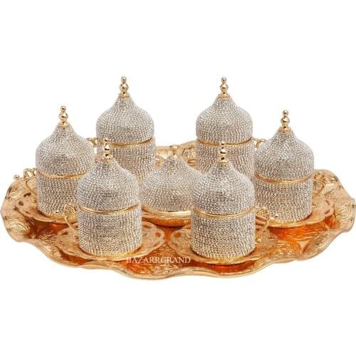 LUXURY TURKISH PORCELAIN COFFEE SET STONE COFFEE SET FOR SIX - STONE - GOLD - SILVER CIRCULAR TRAY WITH CIRCULAR TRAY YOUR COFFE